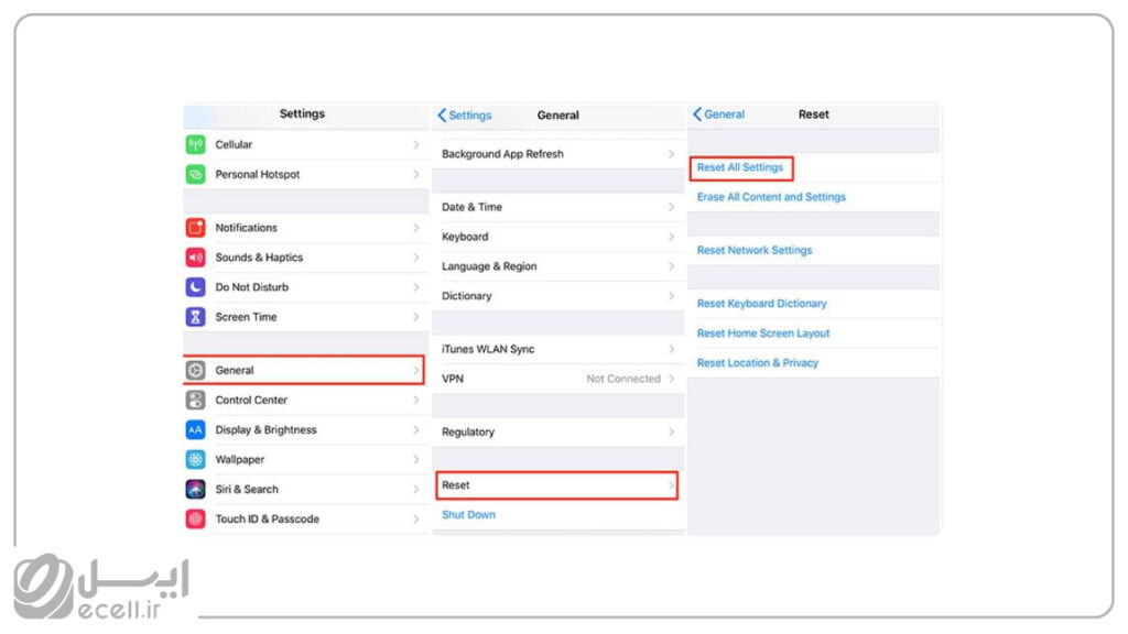 ریست فکتوری آیفون با استفاده از منوی Settings