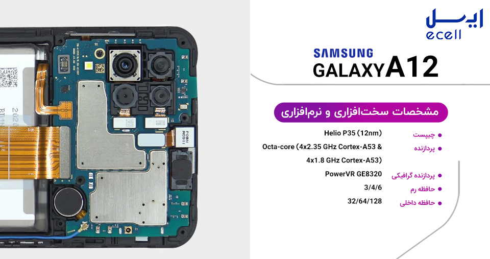 مشخصات سخت افزاری گوشی A12 سامسونگ با ظرفیت 64 گیگابایت و رم 4 گیگابایت در ایسل