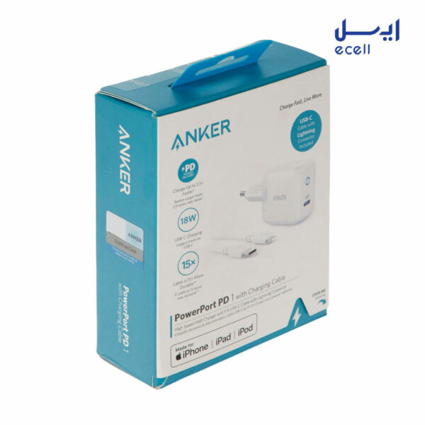 شارژر دیواری انکر مدل B2019 به همراه کابل تبدیل USB-C به لایتنینگ